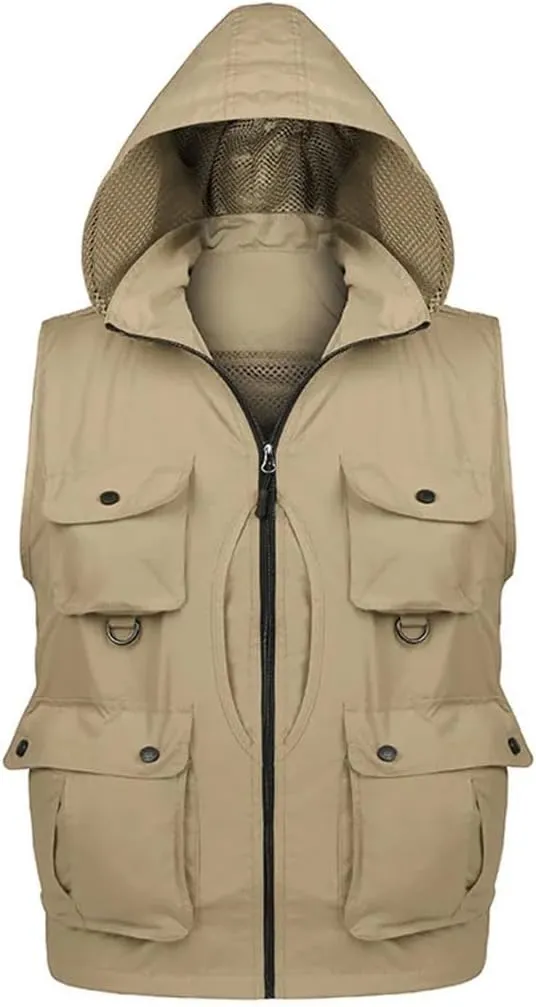 Niiyyjj Men's Hooded Fishing Photography Vest Removable Back Multi-Pocket Waistcoat Mountaineering Outdoor Jacket