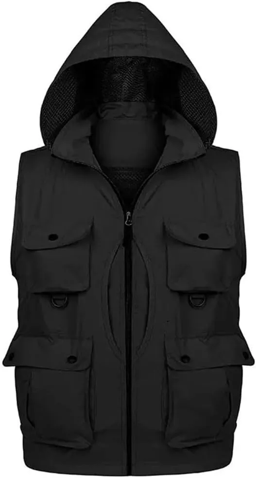 Niiyyjj Men's Hooded Fishing Photography Vest Removable Back Multi-Pocket Waistcoat Mountaineering Outdoor Jacket