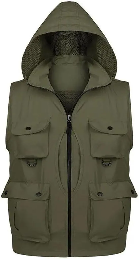 Niiyyjj Men's Hooded Fishing Photography Vest Removable Back Multi-Pocket Waistcoat Mountaineering Outdoor Jacket