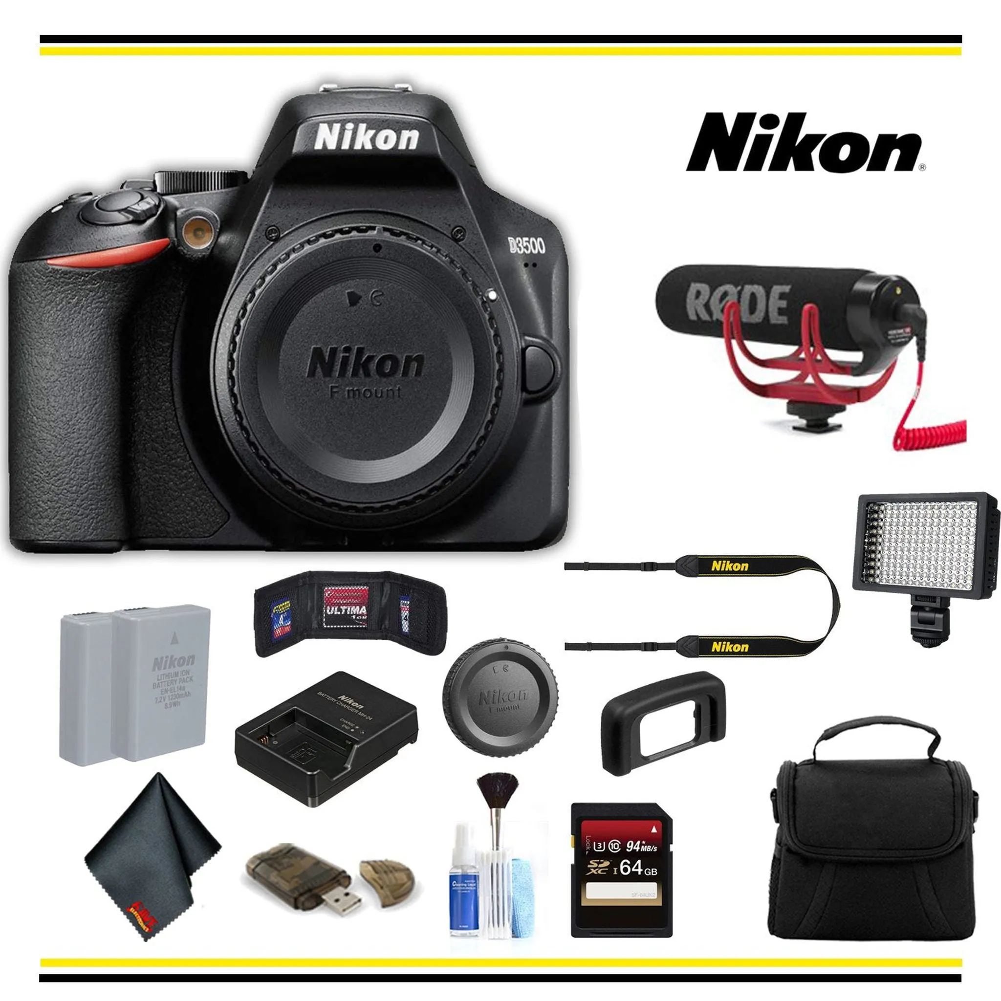 Nikon D3500 DSLR Camera (1519 ) Advanced Bundle W/ Bag, Extra Battery, LED Light, Mic, and More - (International Model )