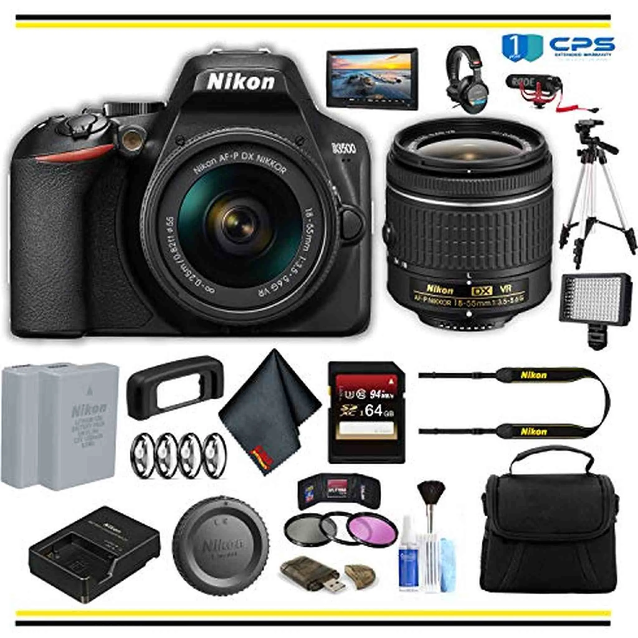 Nikon D3500 DSLR Camera with 18-55mm Lens (1590) Professional Bundle W/Bag, Extra Battery, LED Light, Mic, Filters, Tripod, Monitor and More