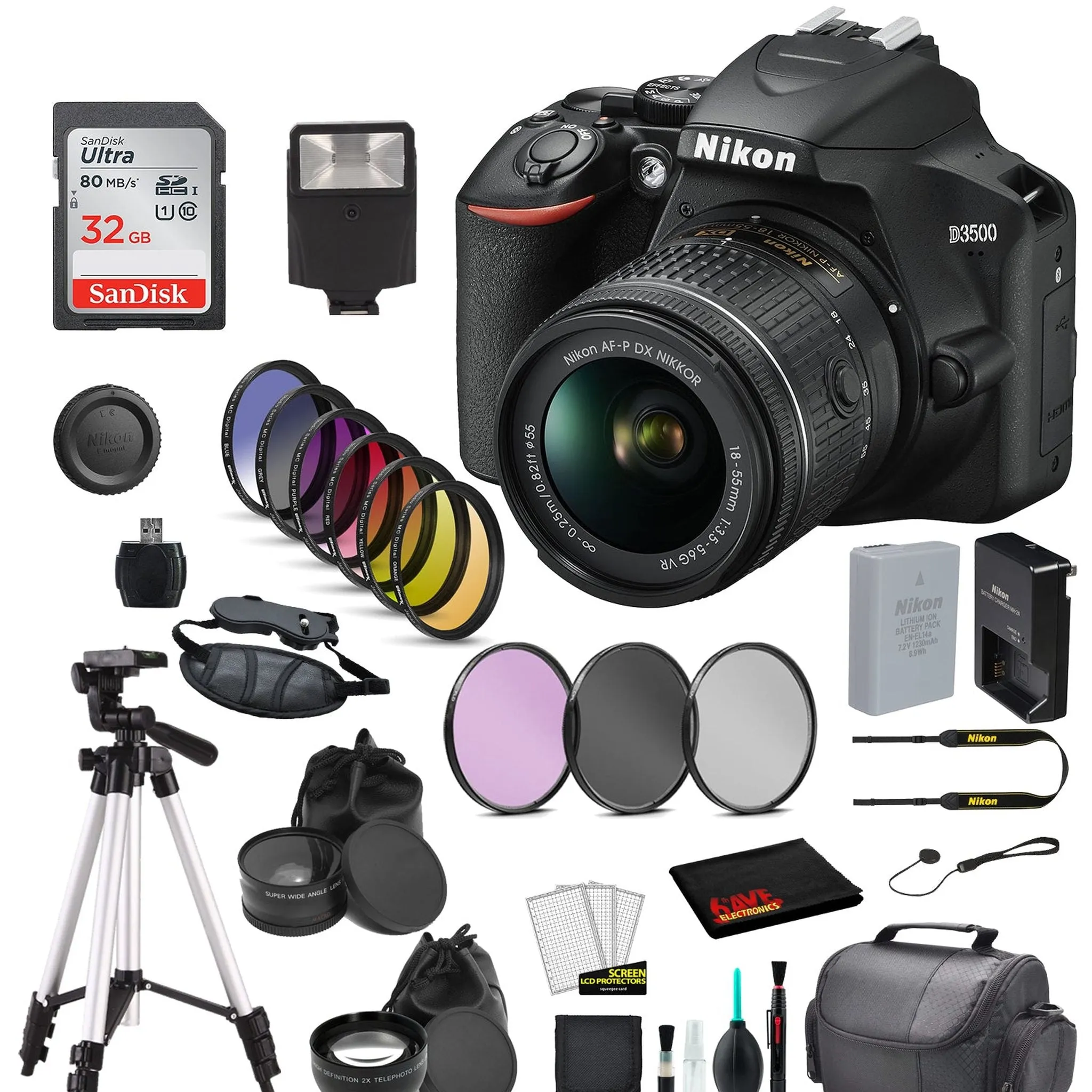 Nikon D3500 DSLR Camera with AF-P 18-55mm VR Lens Bundle SanDisk 32GB SD Card   9PC Filter   MORE - International