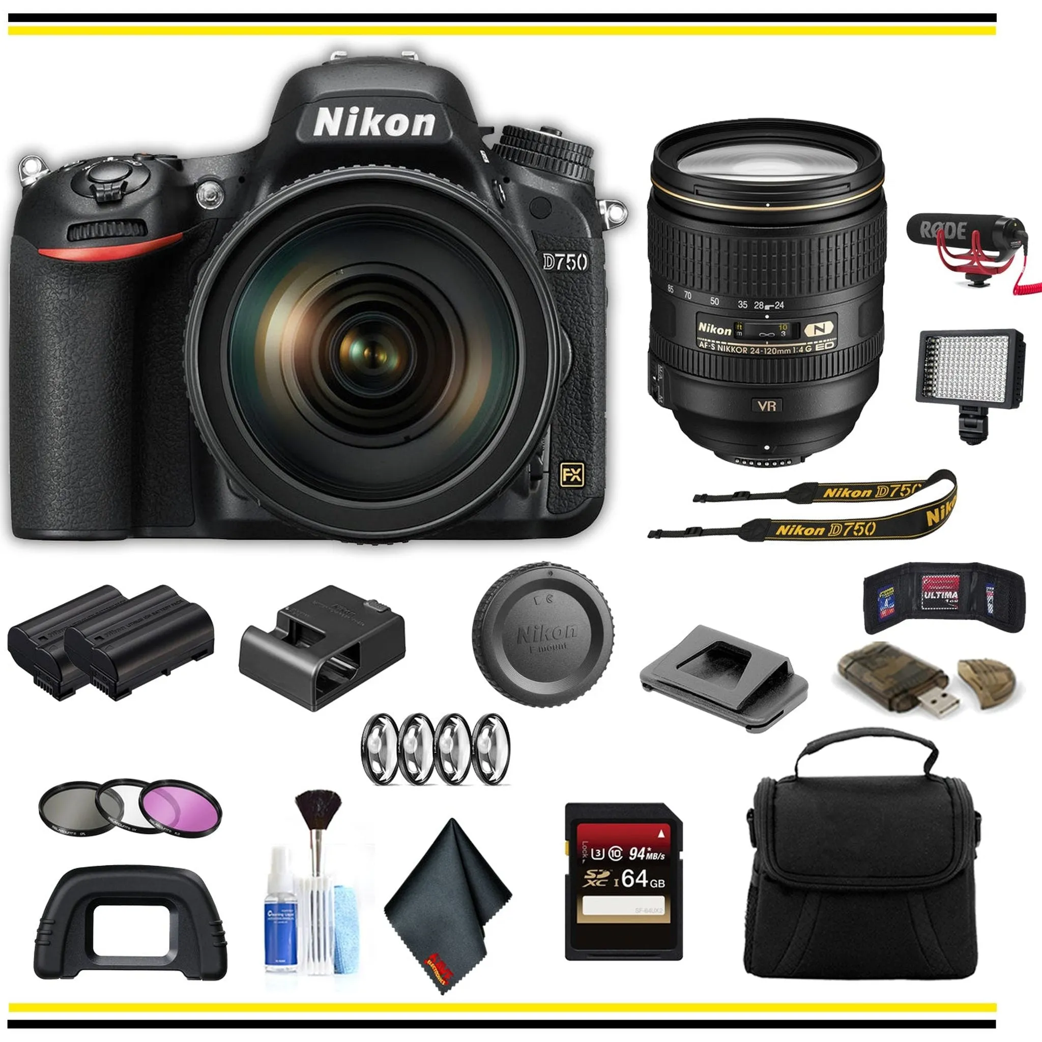 Nikon D750 DSLR Camera with 24-120mm Lens (1549 ) Advanced Bundle W/ Bag, Extra Battery, LED Light, Mic, Filters and More- (International Model )