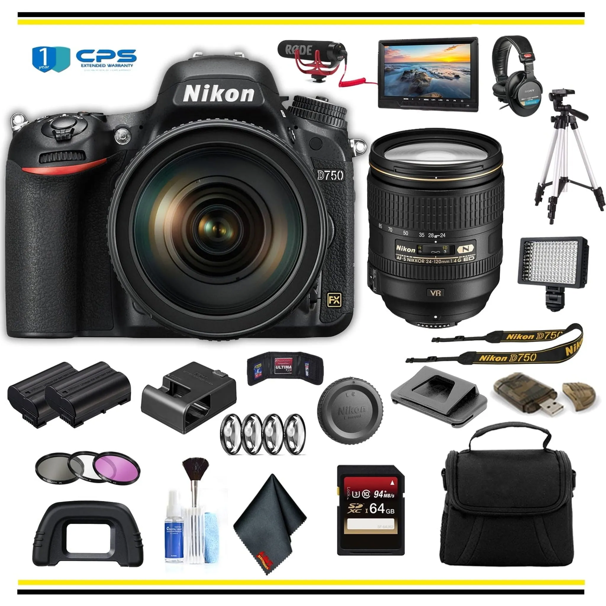 Nikon D750 DSLR Camera with 24-120mm Lens (1549 ) Professional Bundle W/ Bag, Extra Battery, LED Light, Mic, Filters, Tripod, Monitor and More- (International Model )