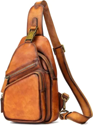 NIUCUNZH Genuine Leather Sling Bag Front Metal-Latch Crossbody Bags Handmade Vintage Chest Shoulder Backpack for Women Men Brown
