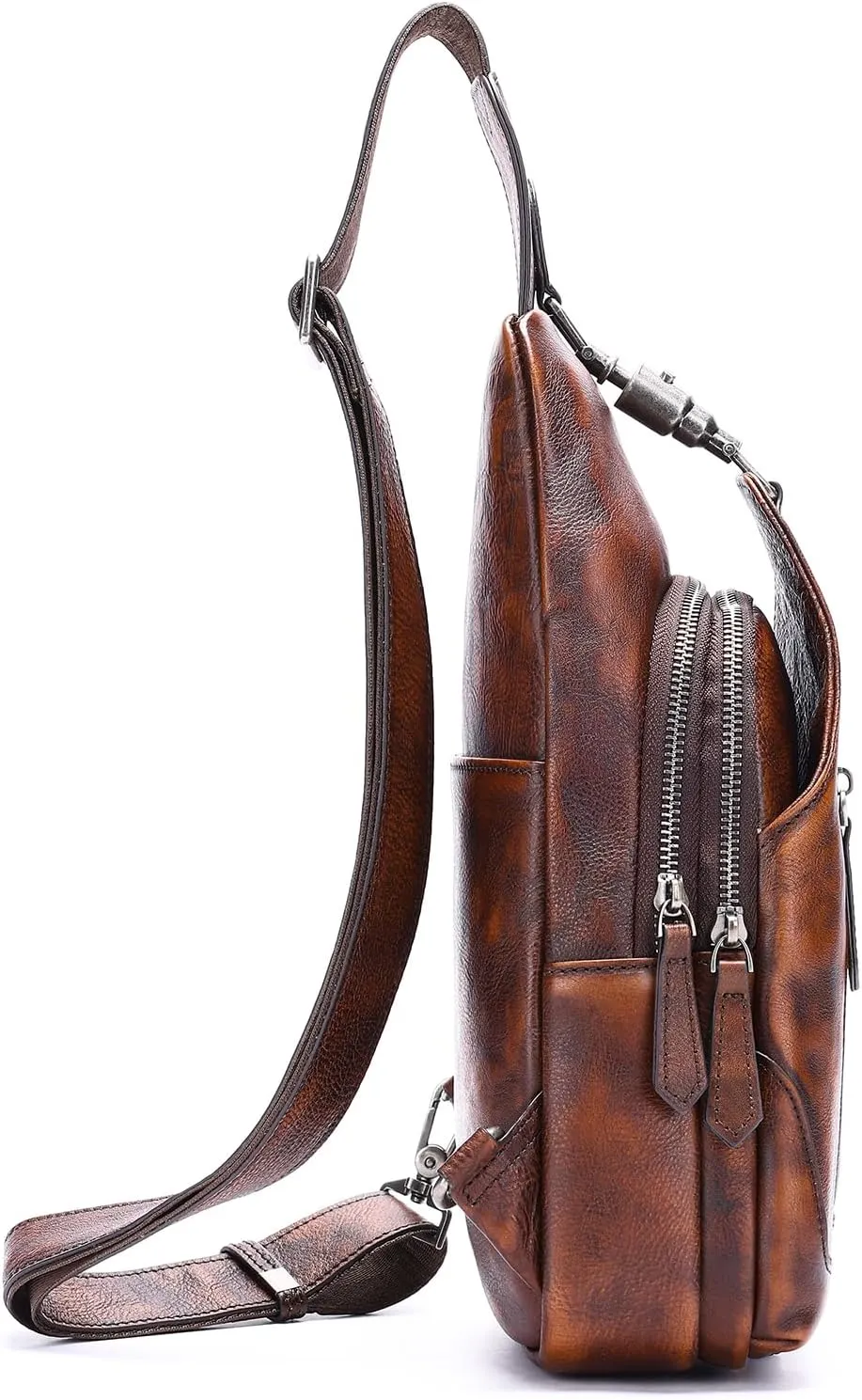 NIUCUNZH Genuine Leather Sling Bag Metal-Latch Crossbody Bag Handmade Vintage Chest Shoulder Backpack for Women and Men Coffee