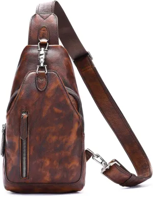 NIUCUNZH Genuine Leather Sling Bag Metal-Latch Crossbody Bag Handmade Vintage Chest Shoulder Backpack for Women and Men Coffee