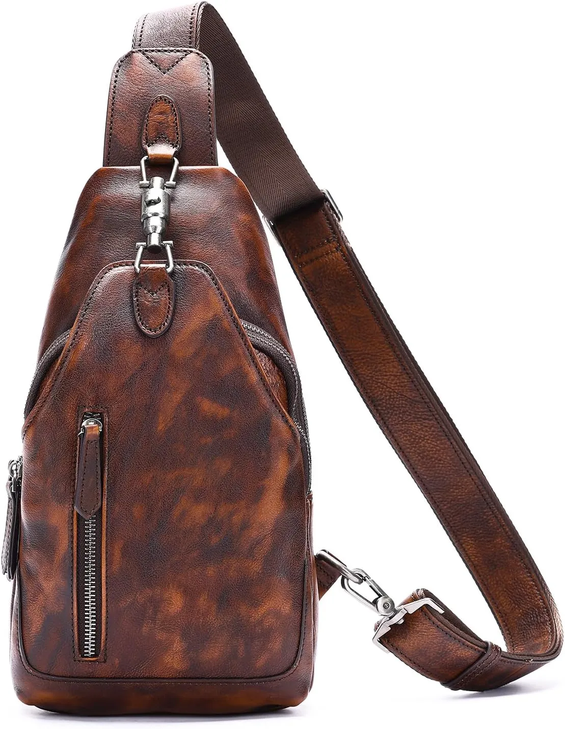 NIUCUNZH Genuine Leather Sling Bag Metal-Latch Crossbody Bag Handmade Vintage Chest Shoulder Backpack for Women and Men Coffee