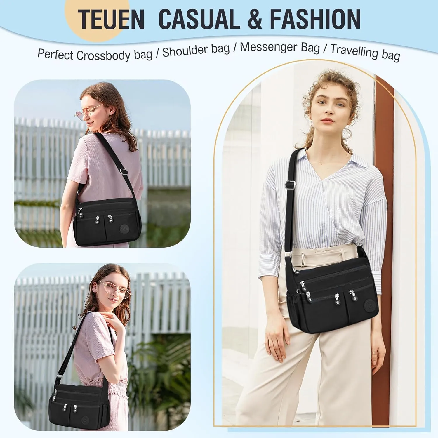 Nylon Crossbody Bags for Women Waterproof Lightweight Large Travel Purses Multi-Pocket Pocketbooks Shoulder Bag