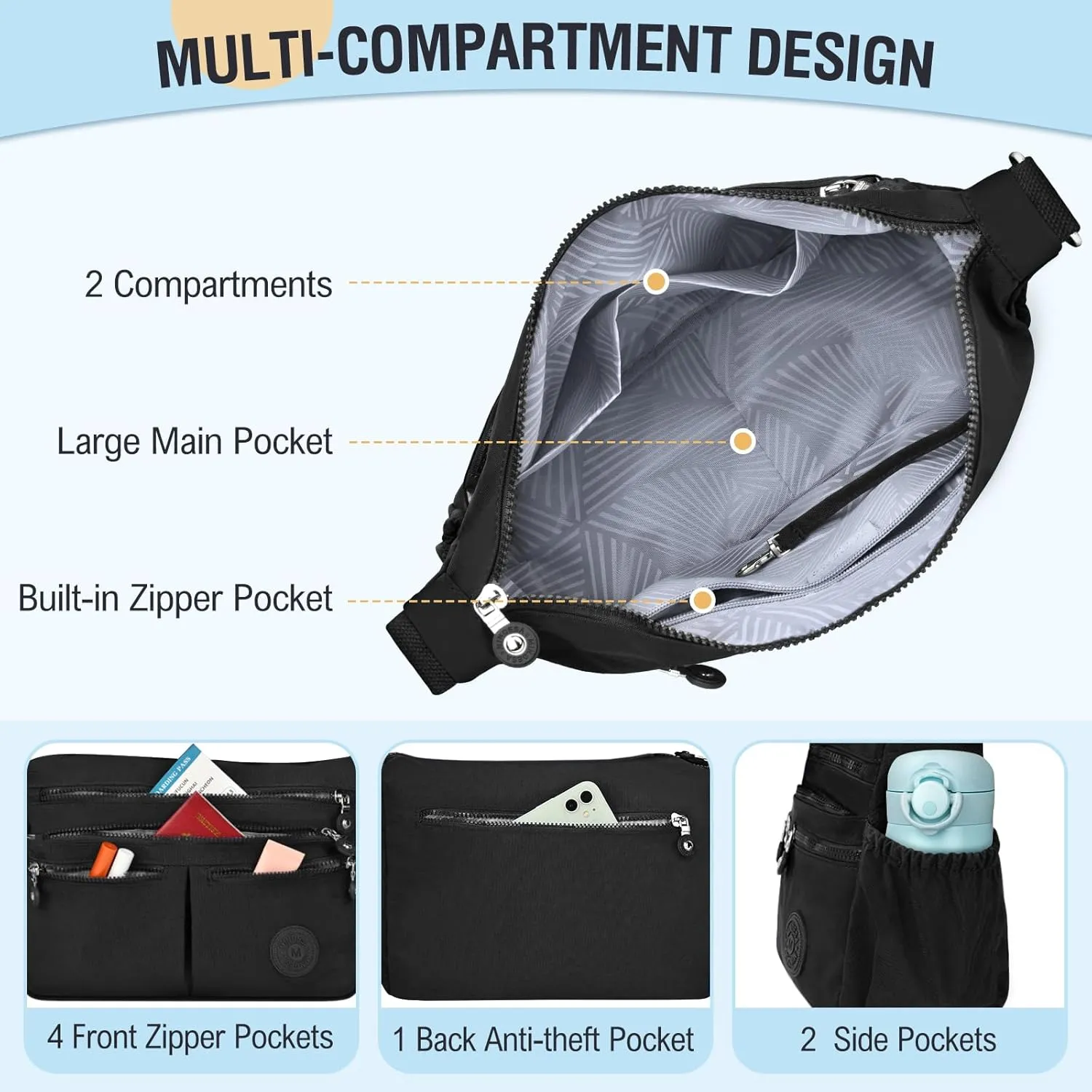 Nylon Crossbody Bags for Women Waterproof Lightweight Large Travel Purses Multi-Pocket Pocketbooks Shoulder Bag