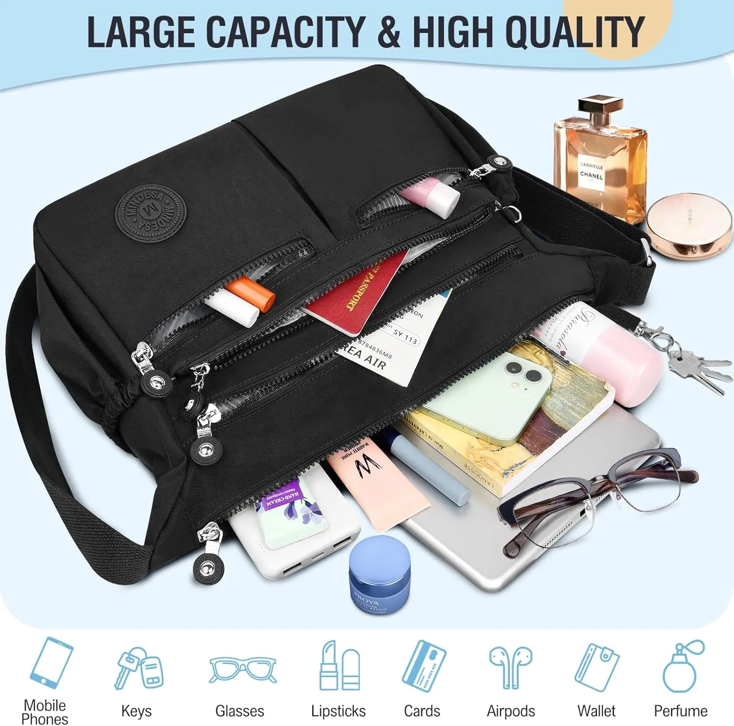 Nylon Crossbody Bags for Women Waterproof Lightweight Large Travel Purses Multi-Pocket Pocketbooks Shoulder Bag