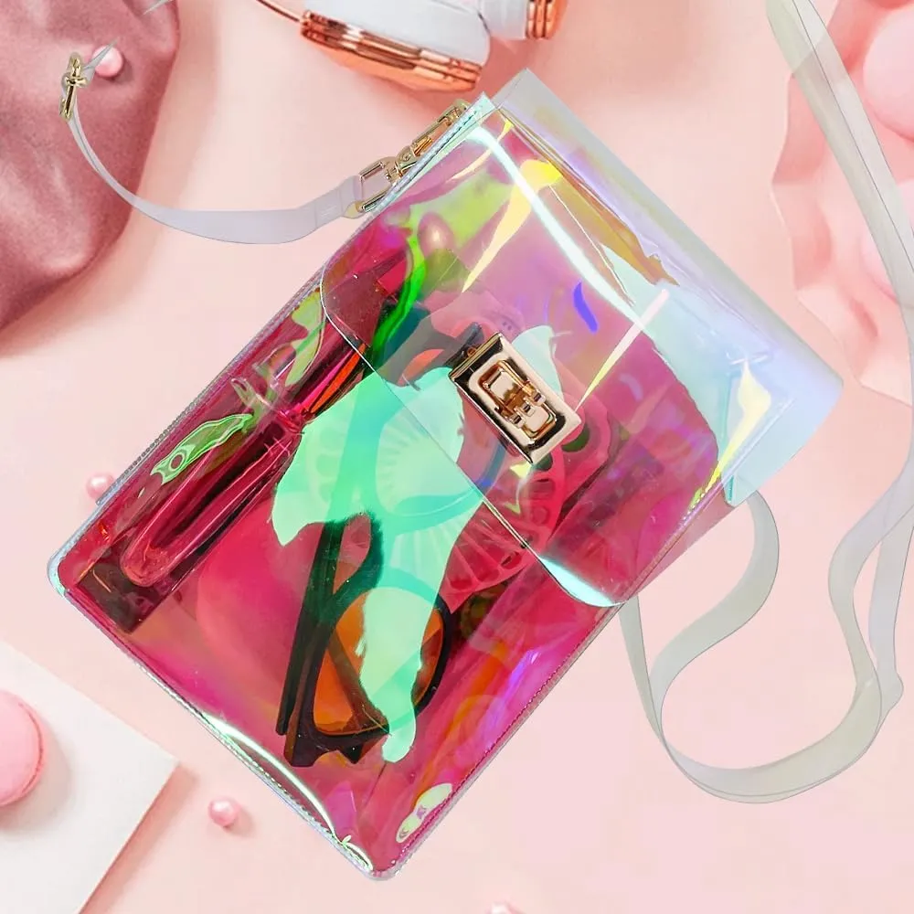 ONEART Clear Iridescent Shoulder Purse, Holographic Transparent Crossbody Bag See Through Fashion Women Bag