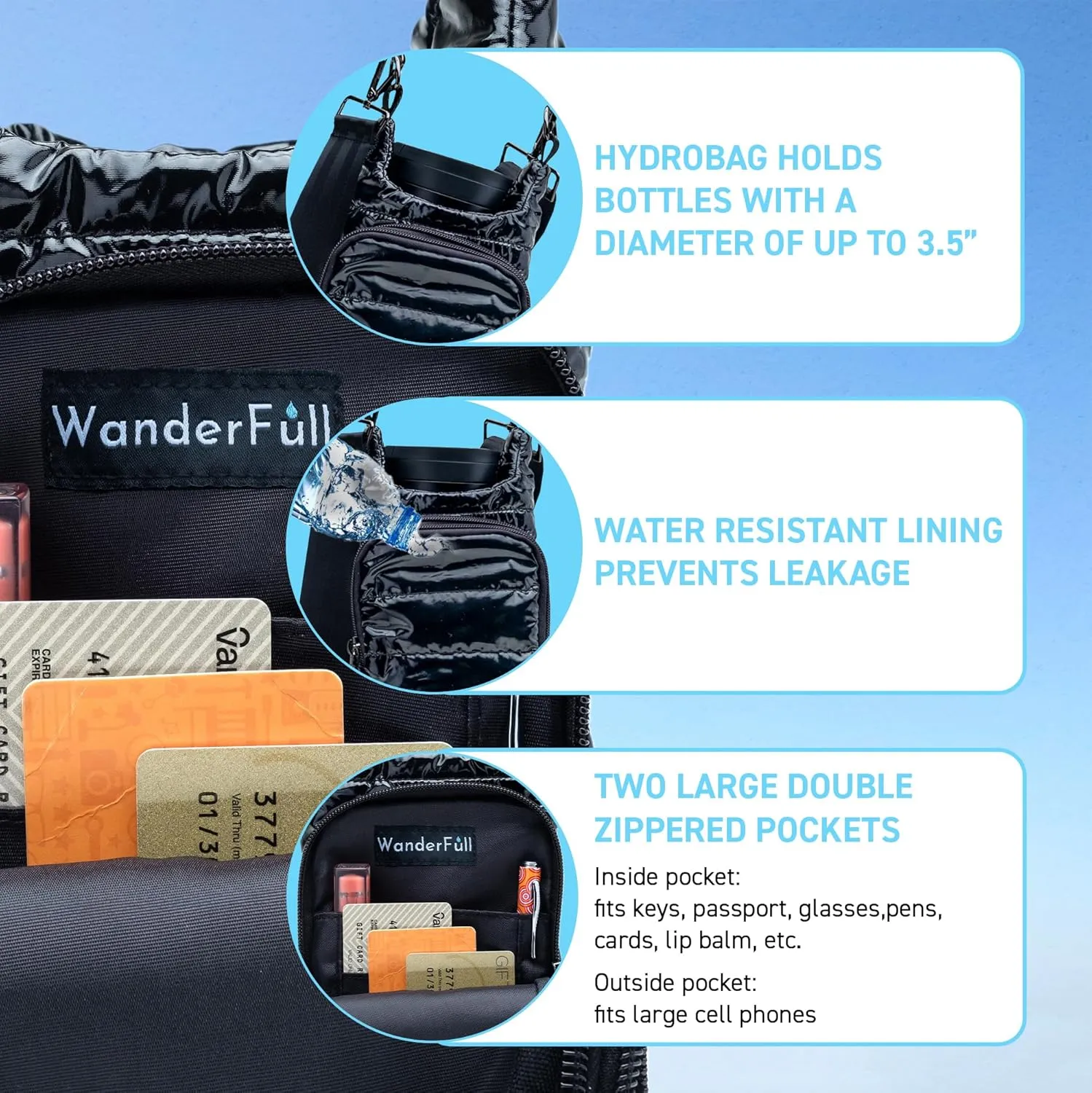 Original HydroBag | Quilted Water Bottle Holder with Strap | Tote Bottle Carrier Crossbody Bag with Pockets