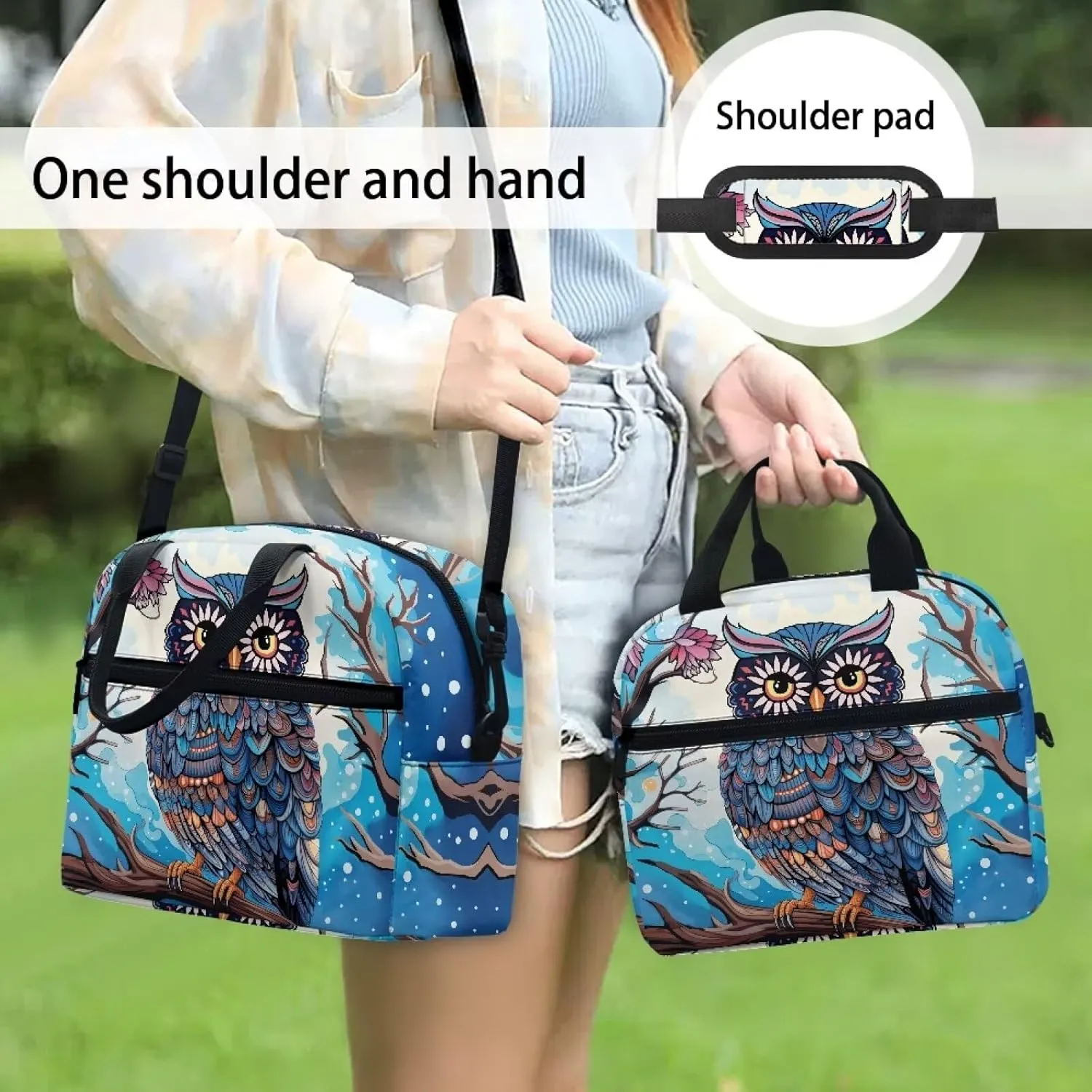 Owl Lunch Bag for Girls Portable Insulated Thermal Cooler Lunch Tote Bags Reusable Leakproof Lunch Box Lightweight Crossbody Lunchbag Snack Bag with Adjustable Shoulder Strap
