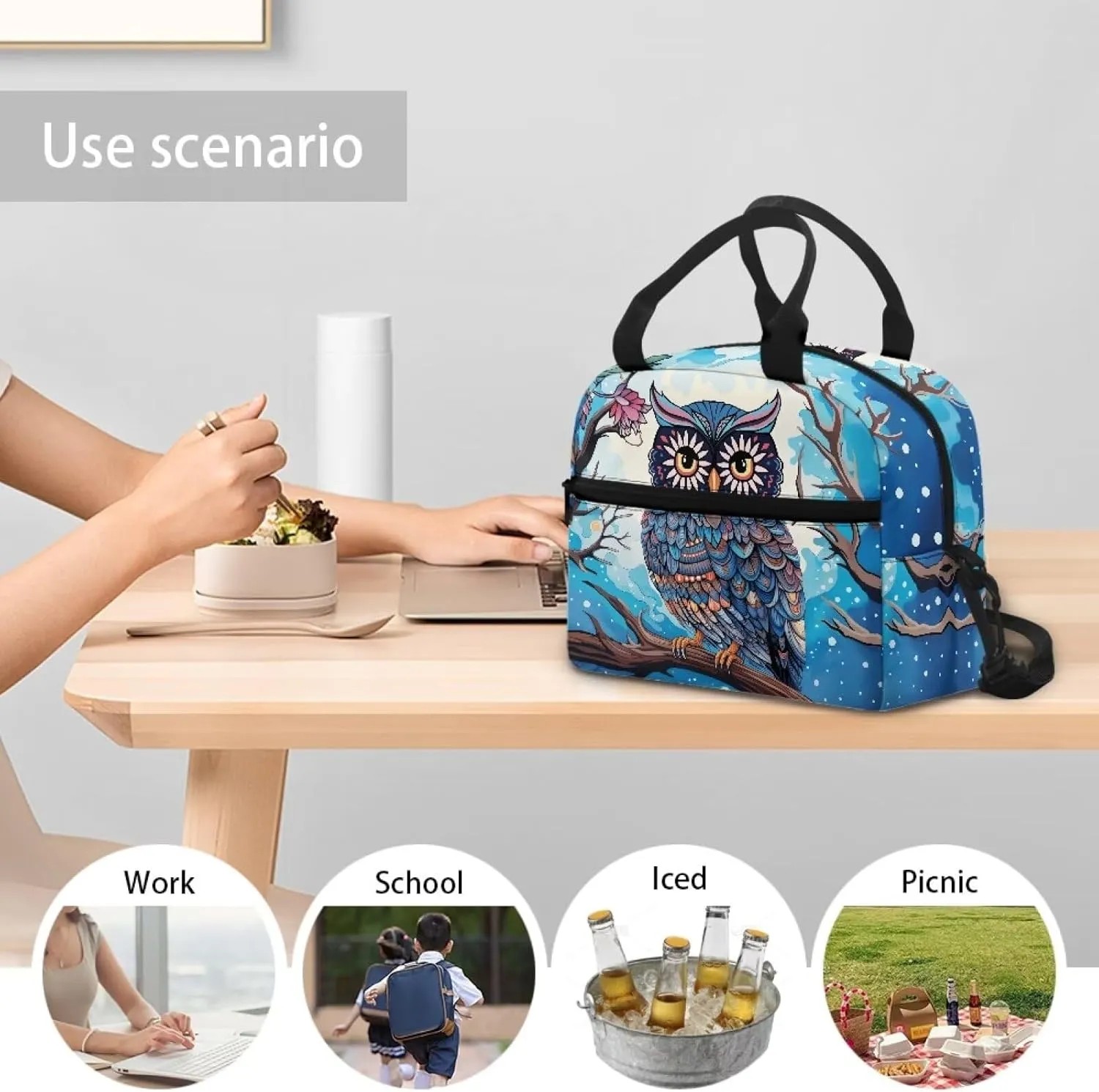 Owl Lunch Bag for Girls Portable Insulated Thermal Cooler Lunch Tote Bags Reusable Leakproof Lunch Box Lightweight Crossbody Lunchbag Snack Bag with Adjustable Shoulder Strap