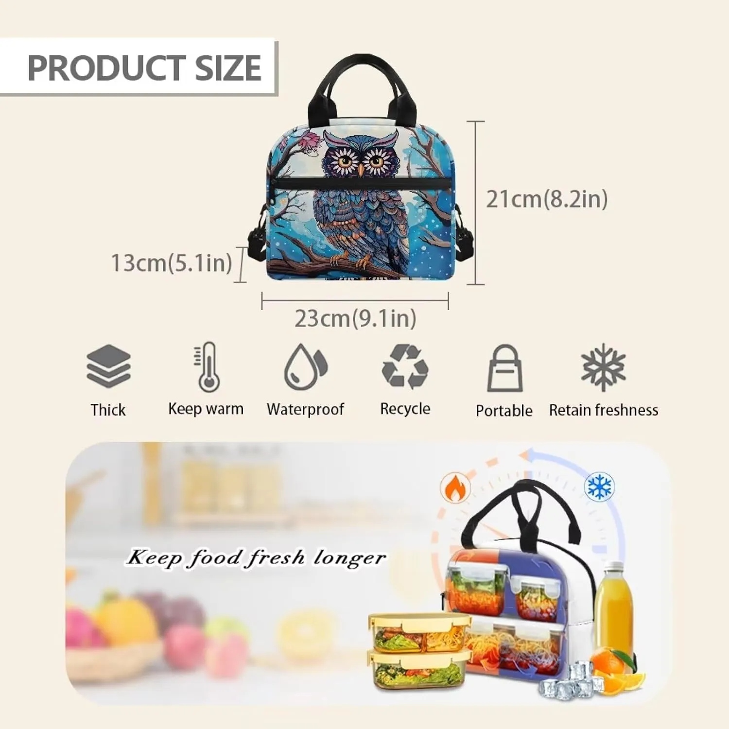 Owl Lunch Bag for Girls Portable Insulated Thermal Cooler Lunch Tote Bags Reusable Leakproof Lunch Box Lightweight Crossbody Lunchbag Snack Bag with Adjustable Shoulder Strap