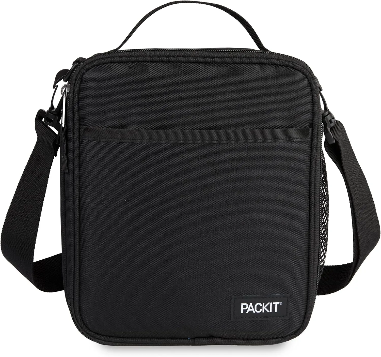 PackIt® Freezable Crossbody Lunch Box, Black, Built with ECOFREEZE® Technology, Fully Freezable, Collapsible, Reusable, With Top Handle, Front Slip Pocket. Effortlessly Carry, Fresh Every Time.