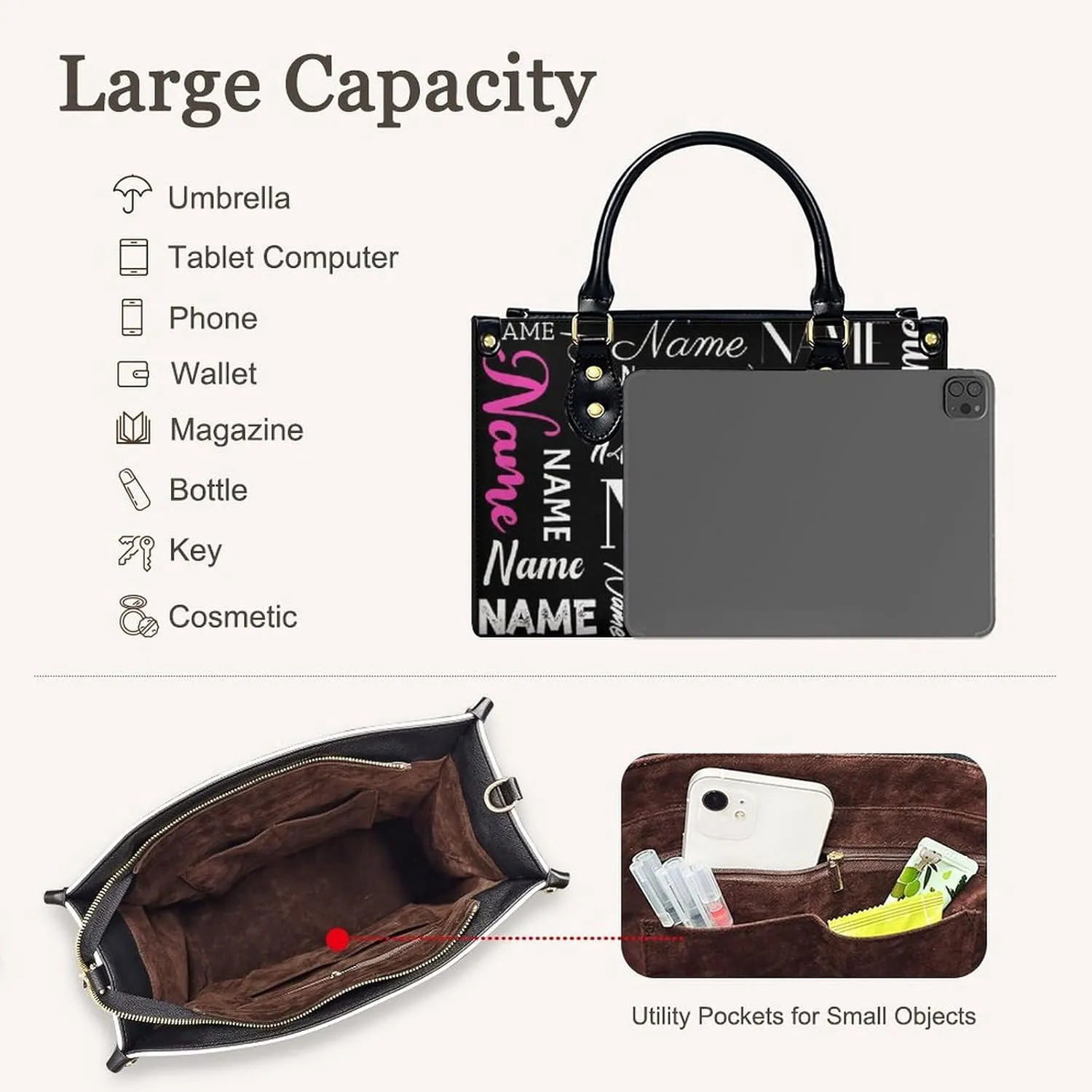 Personalized Purse for Women, Custom Name Photo Handbag Gifts for Her, Casual Tote Bag for Mom Teacher Bridesmaid Sister