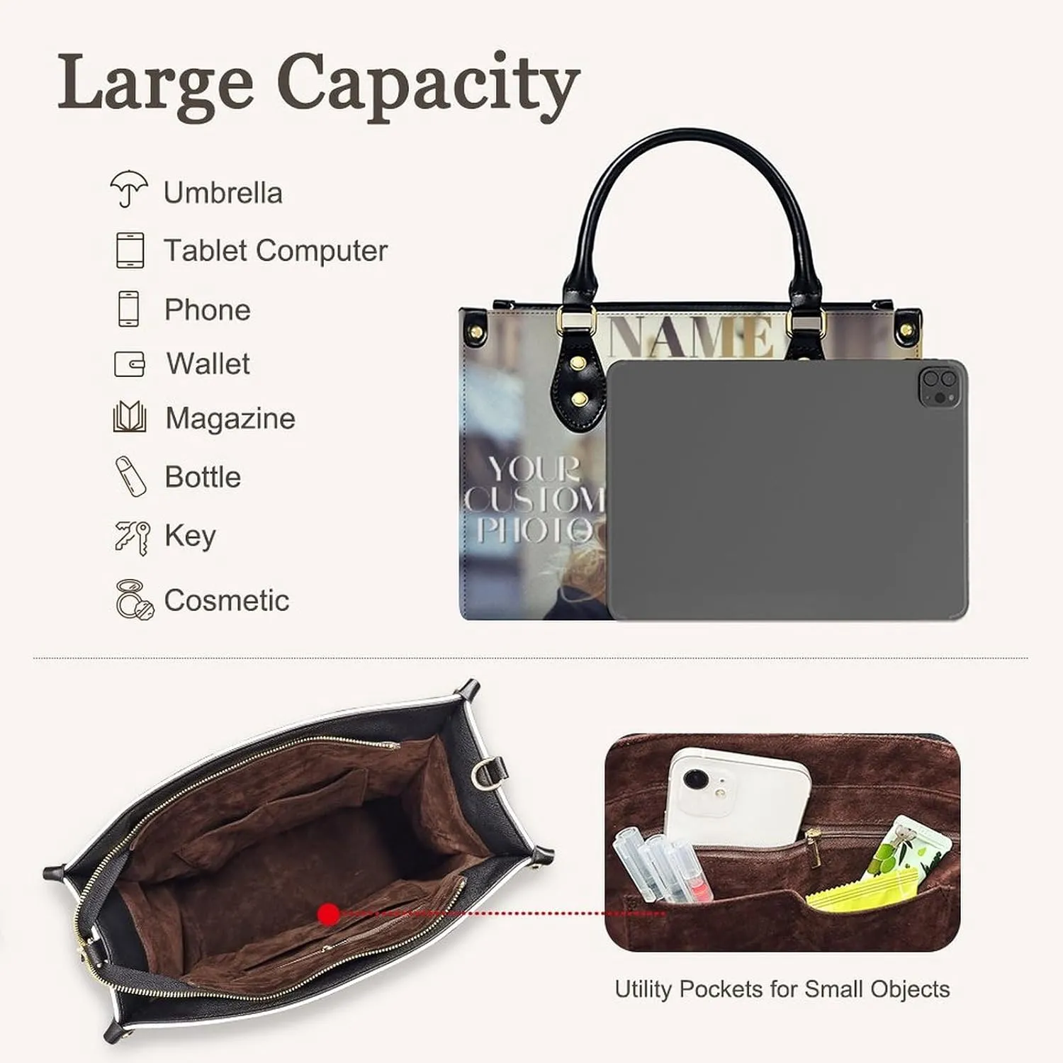 Personalized Purse for Women, Custom Name Photo Handbag Gifts for Her, Casual Tote Bag for Mom Teacher Bridesmaid Sister
