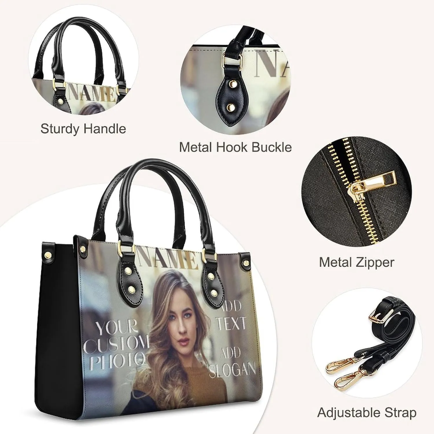 Personalized Purse for Women, Custom Name Photo Handbag Gifts for Her, Casual Tote Bag for Mom Teacher Bridesmaid Sister