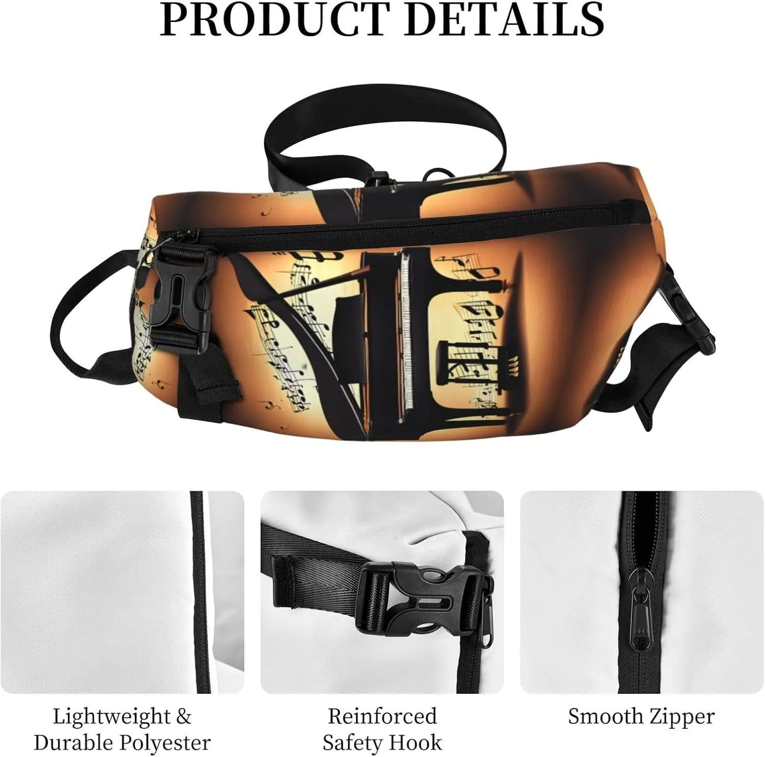 Piano Violin And Music Notes Print Crossbody Backpack Casual Adjustable Bag Multifunctional Sling Backpack