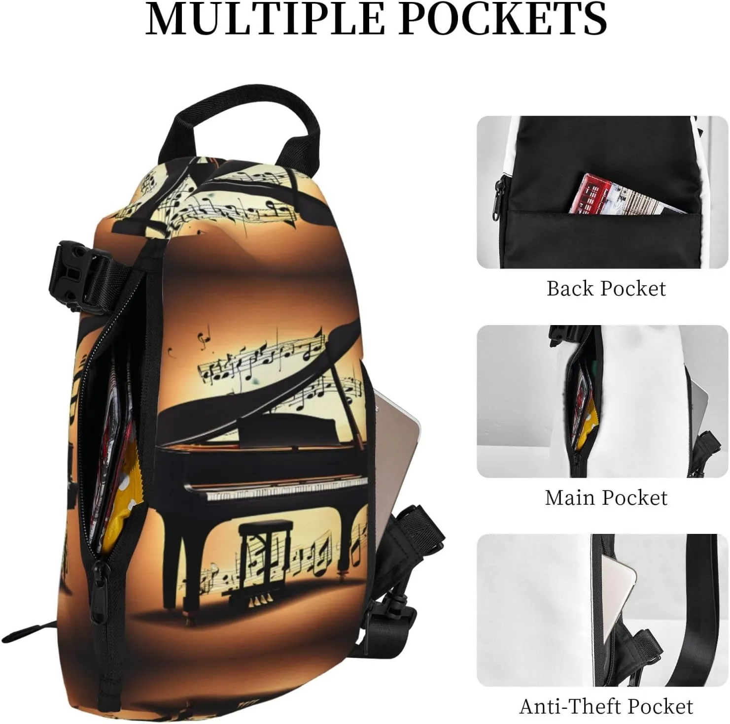 Piano Violin And Music Notes Print Crossbody Backpack Casual Adjustable Bag Multifunctional Sling Backpack