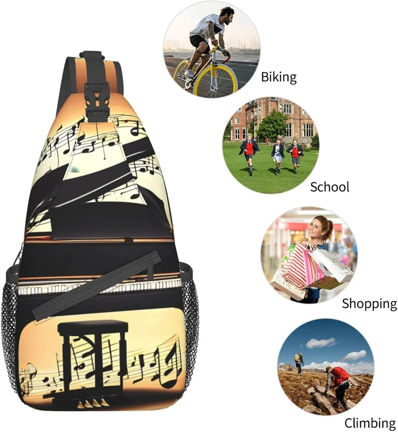 Piano Violin And Music Notes Unisex Casual Diagonal Chest Bag,Multipurpose Crossbody Shoulder Bag Travel Hiking Daypack