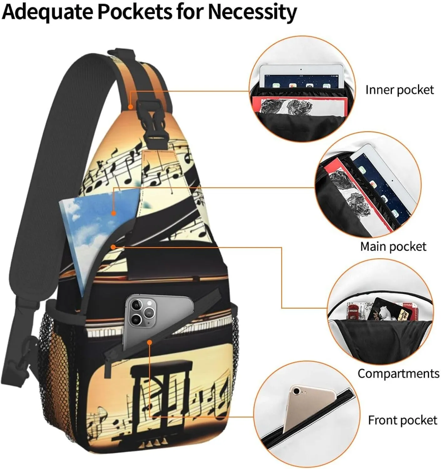 Piano Violin And Music Notes Unisex Casual Diagonal Chest Bag,Multipurpose Crossbody Shoulder Bag Travel Hiking Daypack