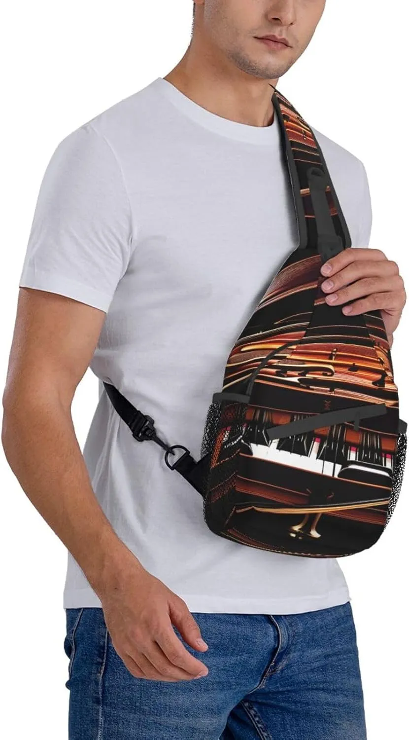 Piano Violin Music Notes Print Sling Backpack, Sling Bag, Crossbody Chest Bag Daypack, for Hiking Travel