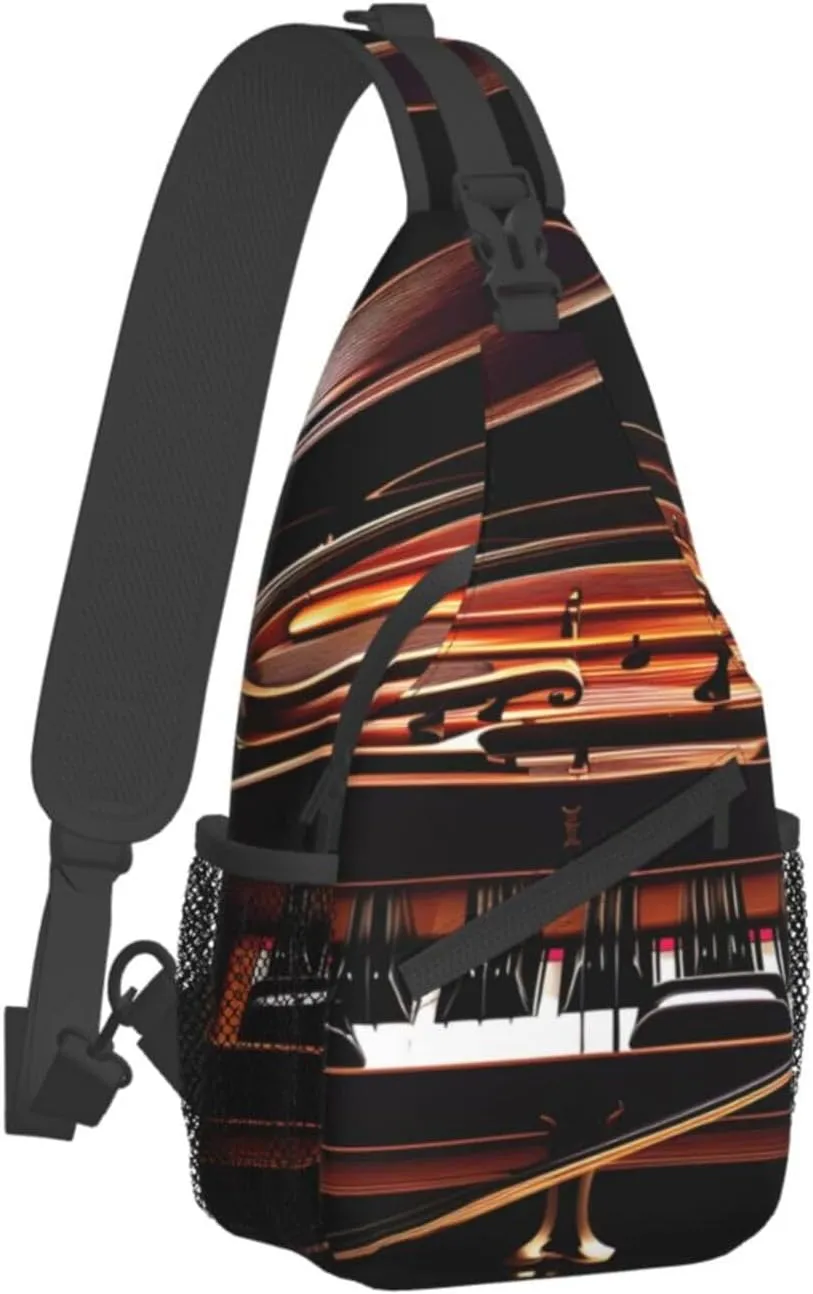 Piano Violin Music Notes Print Sling Backpack, Sling Bag, Crossbody Chest Bag Daypack, for Hiking Travel