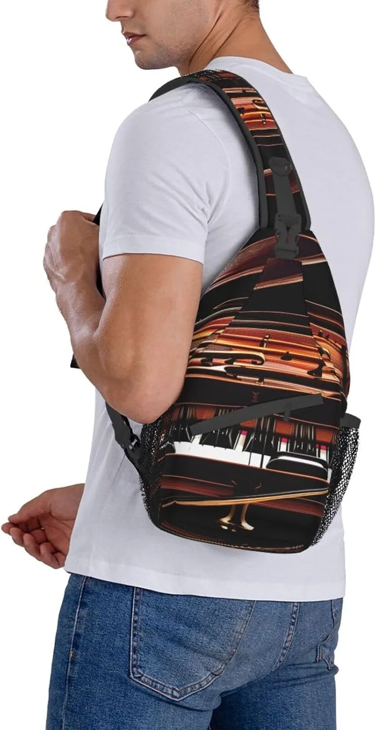 Piano Violin Music Notes Print Sling Backpack, Sling Bag, Crossbody Chest Bag Daypack, for Hiking Travel