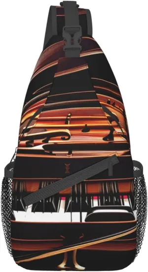 Piano Violin Music Notes Print Sling Backpack, Sling Bag, Crossbody Chest Bag Daypack, for Hiking Travel