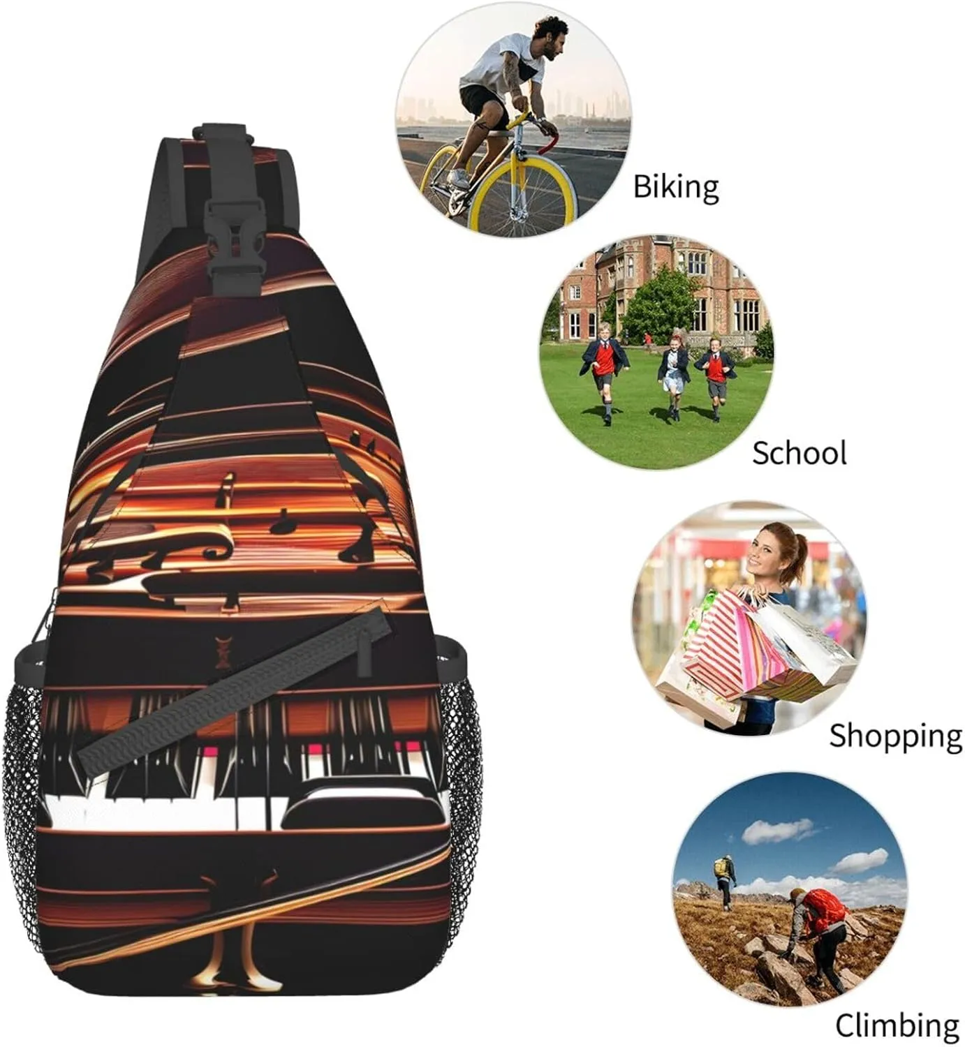 Piano Violin Music Notes Print Sling Backpack, Sling Bag, Crossbody Chest Bag Daypack, for Hiking Travel