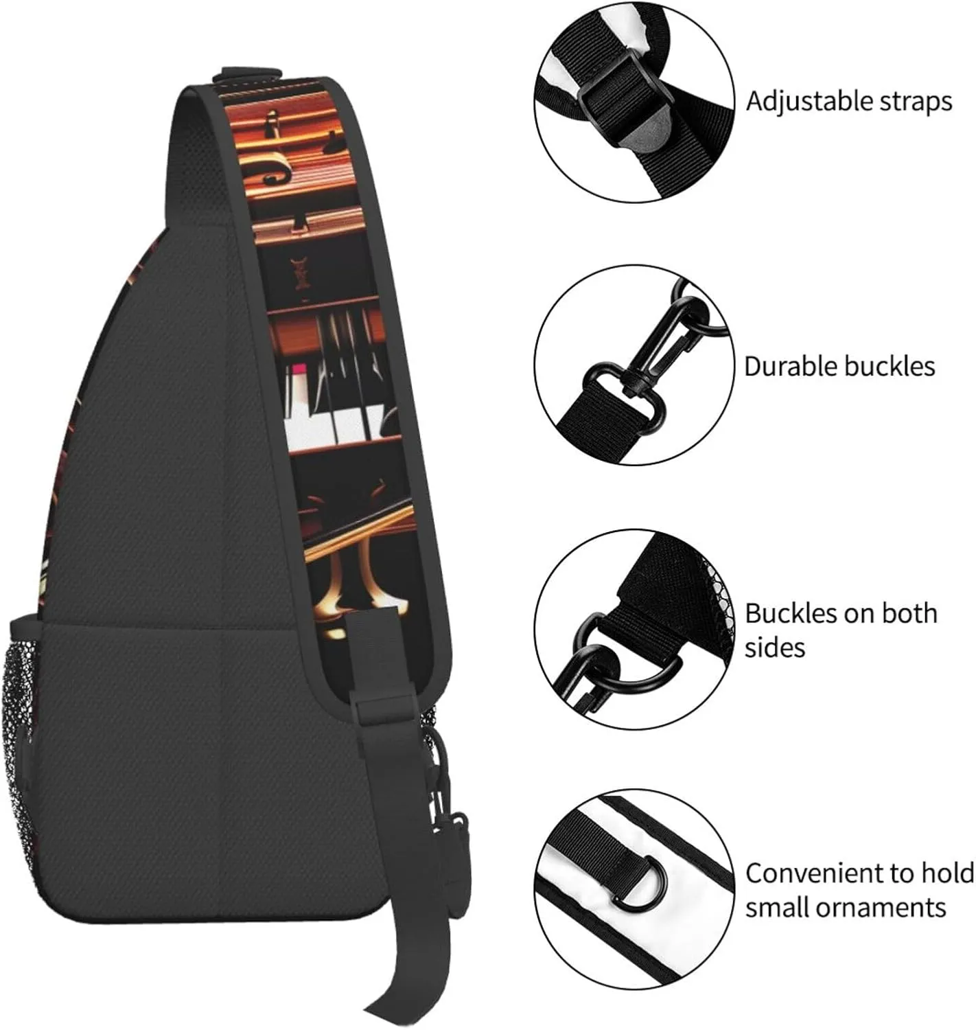 Piano Violin Music Notes Print Sling Backpack, Sling Bag, Crossbody Chest Bag Daypack, for Hiking Travel