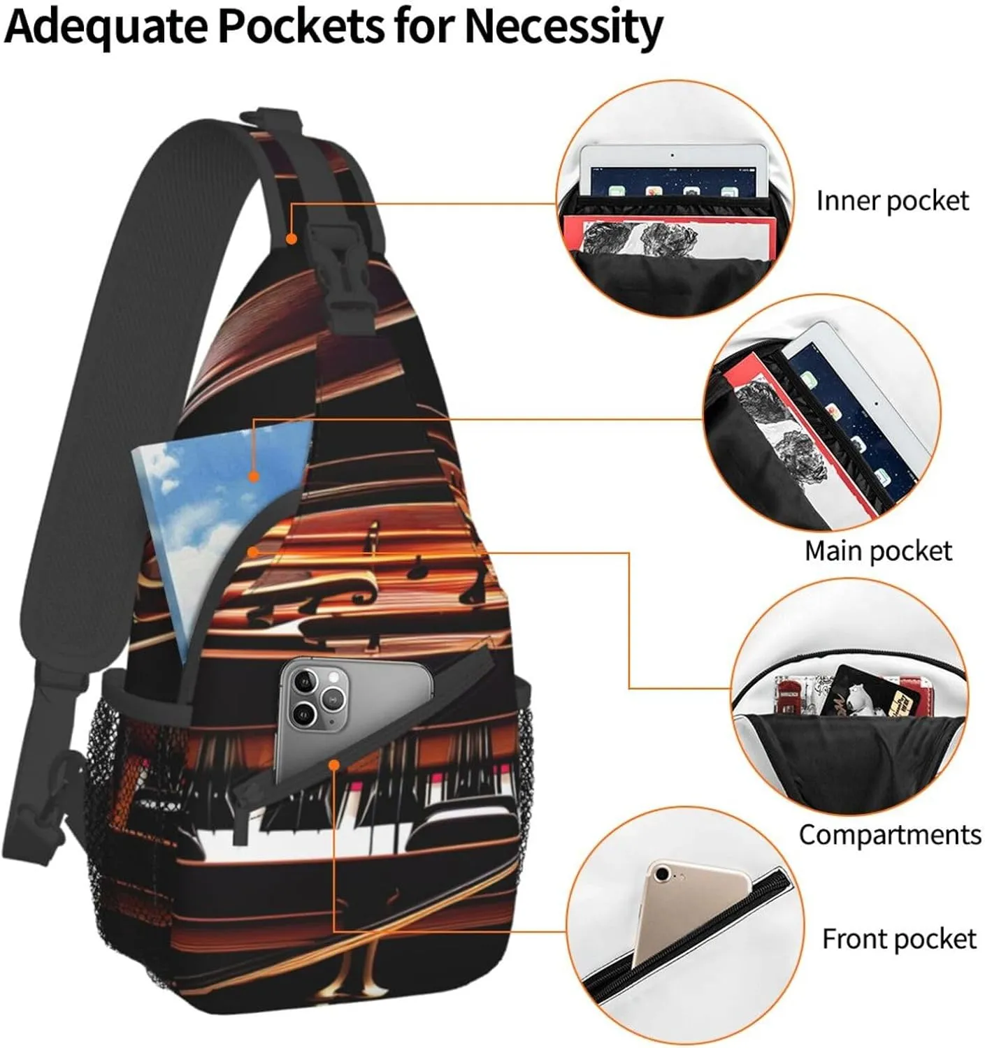 Piano Violin Music Notes Print Sling Backpack, Sling Bag, Crossbody Chest Bag Daypack, for Hiking Travel