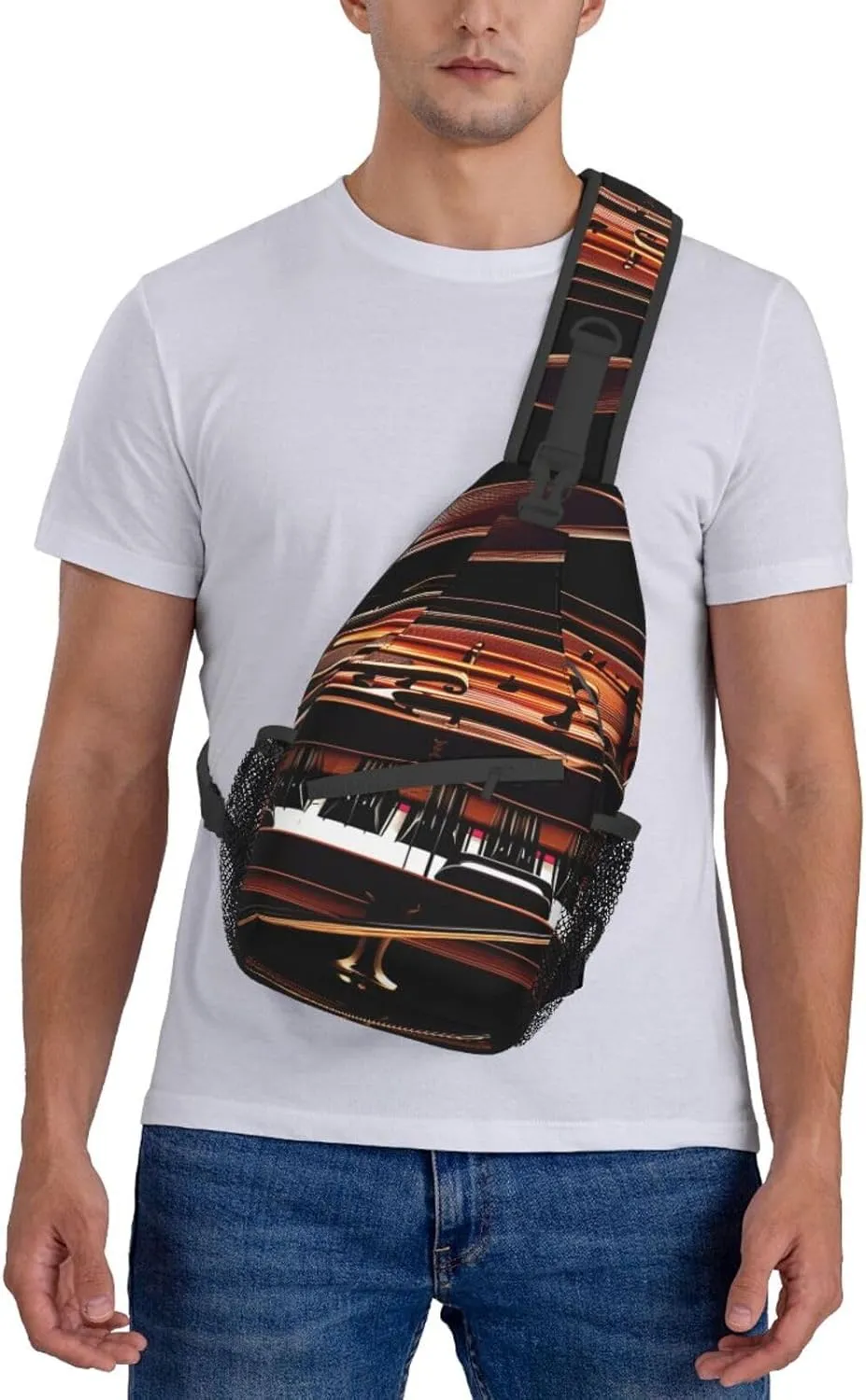 Piano Violin Music Notes Print Sling Backpack, Sling Bag, Crossbody Chest Bag Daypack, for Hiking Travel