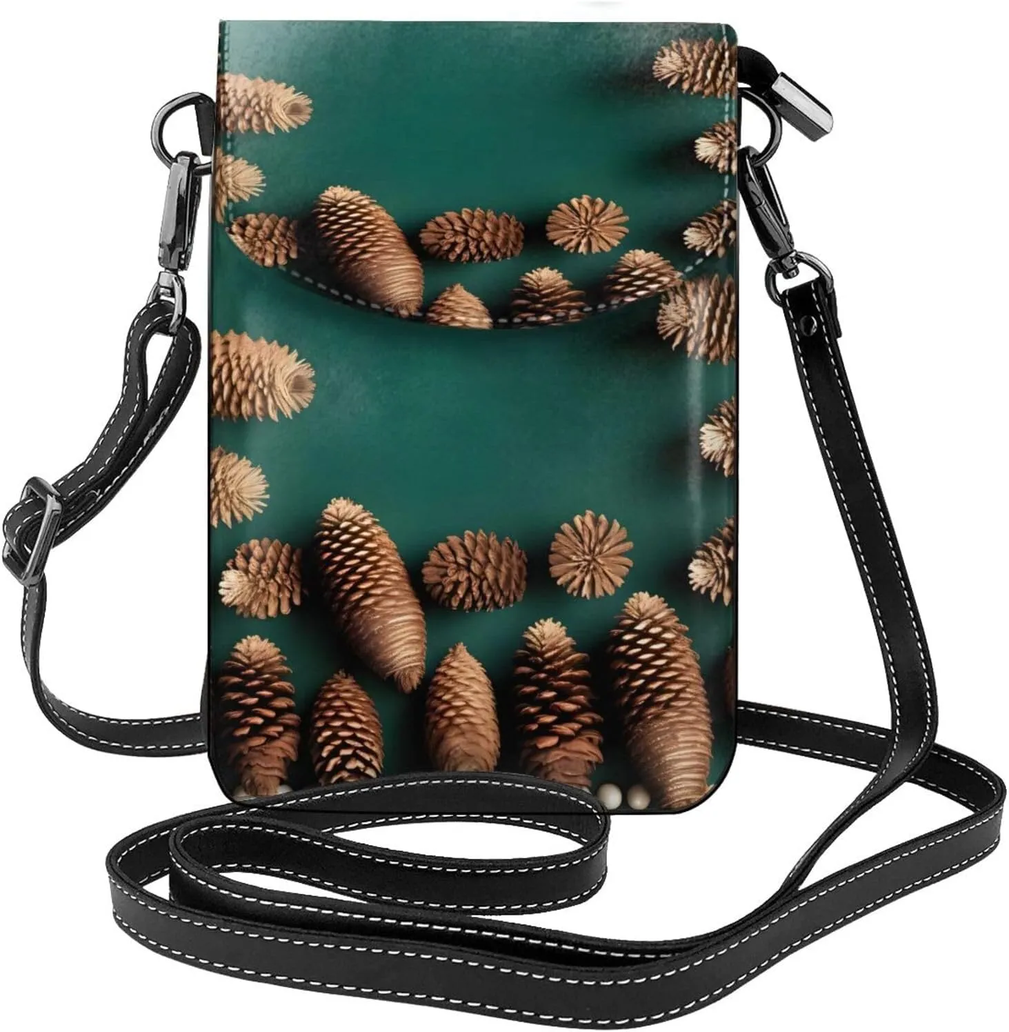 Pine Cone Border Zippered Crossbody Bag, Women'S Shoulder Bag With Card Slot, ^Removable Shoulder Strap, 7.6 X 4.9 In.