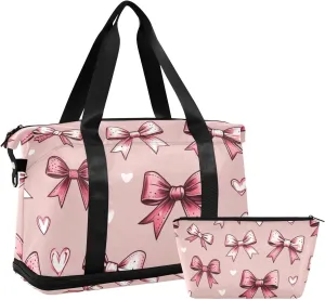 Pink Bow Versatile Sports Travel Bag - Lasting Twill Tote, Removable Wheel & Rod Bagging, Multi-pocket Design, Complimentary Makeup Bag