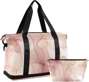 Pink Marble Texture Versatile Sports Travel Bag - Lasting Twill Tote, Removable Wheel & Rod Bagging, Multi-pocket Design, Complimentary Makeup Bag