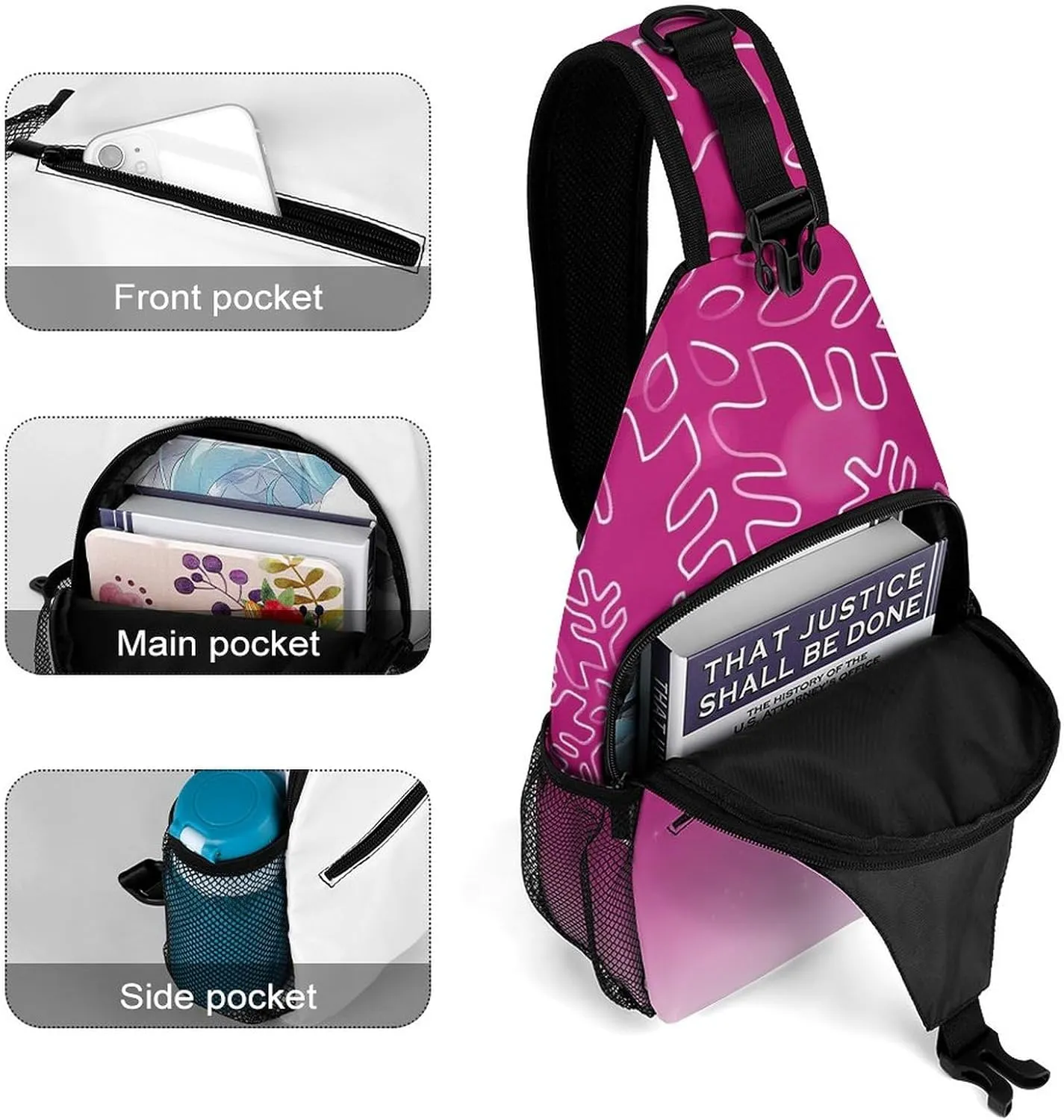 Pink Snowflakes Christmas Sling Bag for Women Men Winter Merry Xmas Crossbody Shoulder Bag with Anti Theft,Multipurpose Chest Bag for Travel,Hiking,Cycling,Camping