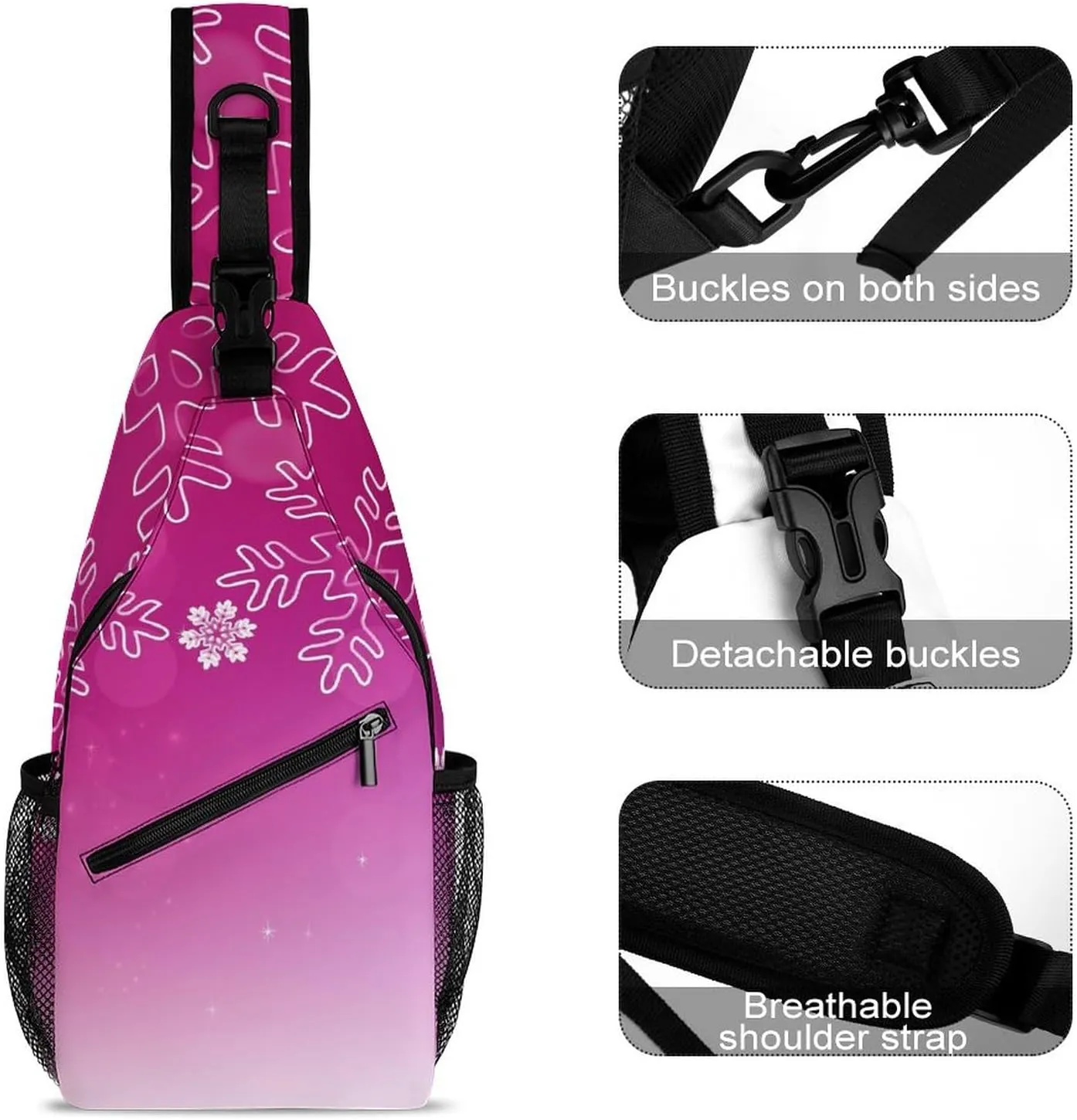 Pink Snowflakes Christmas Sling Bag for Women Men Winter Merry Xmas Crossbody Shoulder Bag with Anti Theft,Multipurpose Chest Bag for Travel,Hiking,Cycling,Camping