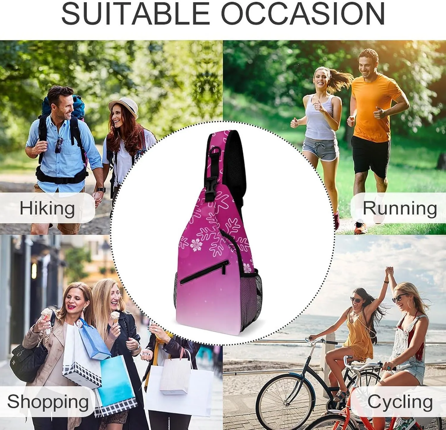 Pink Snowflakes Christmas Sling Bag for Women Men Winter Merry Xmas Crossbody Shoulder Bag with Anti Theft,Multipurpose Chest Bag for Travel,Hiking,Cycling,Camping