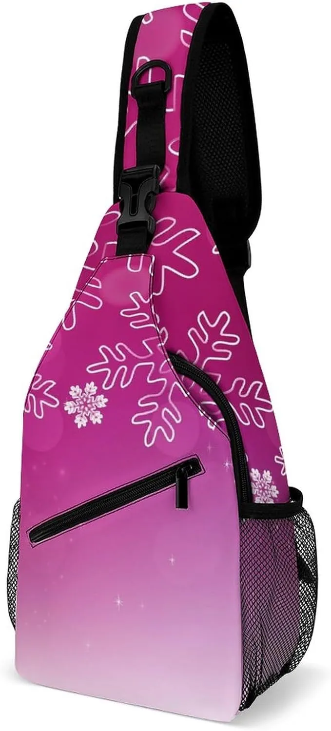 Pink Snowflakes Christmas Sling Bag for Women Men Winter Merry Xmas Crossbody Shoulder Bag with Anti Theft,Multipurpose Chest Bag for Travel,Hiking,Cycling,Camping