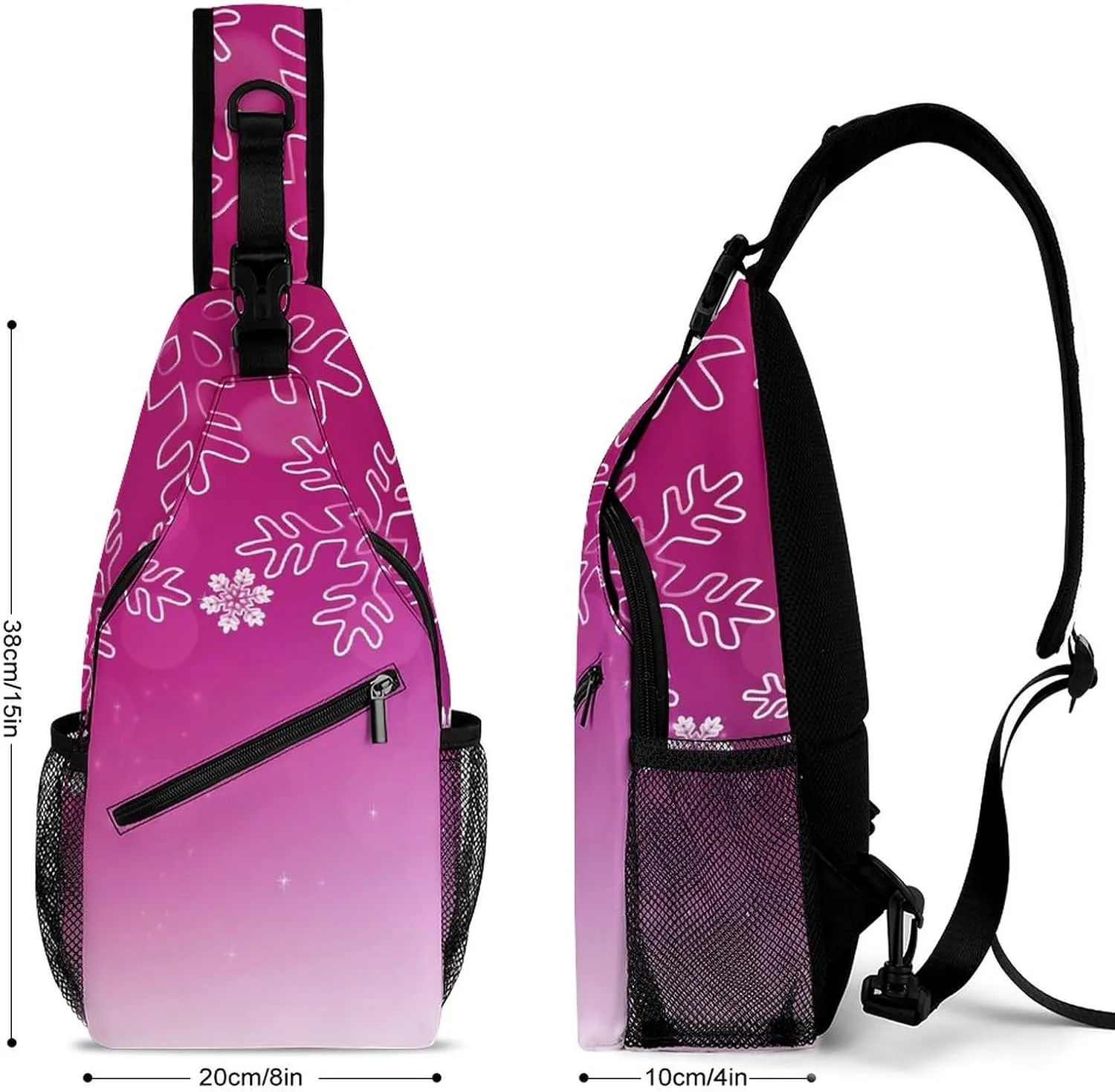 Pink Snowflakes Christmas Sling Bag for Women Men Winter Merry Xmas Crossbody Shoulder Bag with Anti Theft,Multipurpose Chest Bag for Travel,Hiking,Cycling,Camping