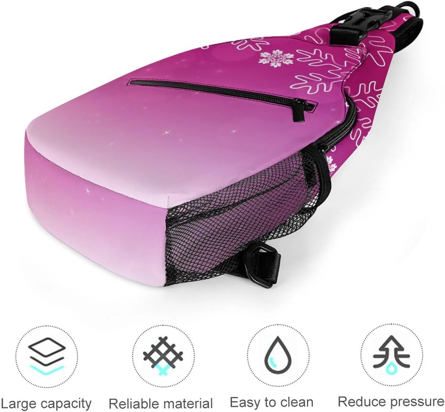 Pink Snowflakes Christmas Sling Bag for Women Men Winter Merry Xmas Crossbody Shoulder Bag with Anti Theft,Multipurpose Chest Bag for Travel,Hiking,Cycling,Camping