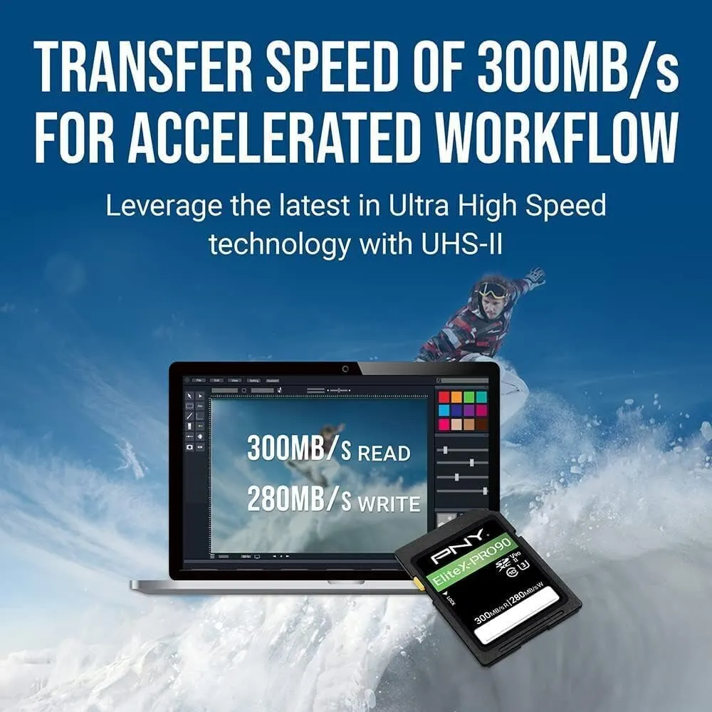 PNY 128GB EliteX-PRO90 UHS-II SDXC Memory Card – R300MB/s W280MB/s, U3, V90, 8K UHD, Full HD, UHS-II for Professional Photographers & Content Creators, DSLR, Mirrorless Cameras, Advanced Video Cameras