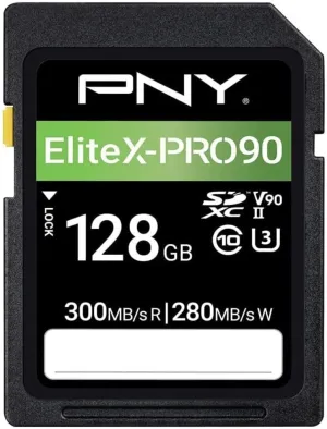 PNY 128GB EliteX-PRO90 UHS-II SDXC Memory Card – R300MB/s W280MB/s, U3, V90, 8K UHD, Full HD, UHS-II for Professional Photographers & Content Creators, DSLR, Mirrorless Cameras, Advanced Video Cameras