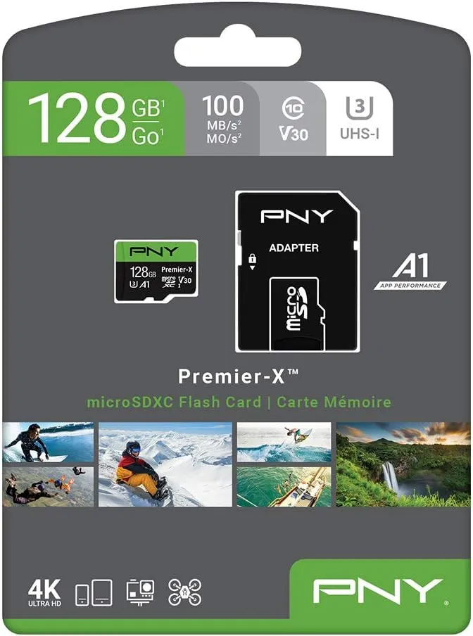 PNY 128GB Premier-X Class 10 U3 V30 microSDXC Flash Memory Card - 100MB/s, Class 10, U3, V30, A1, 4K UHD, Full HD, UHS-I, Micro SD