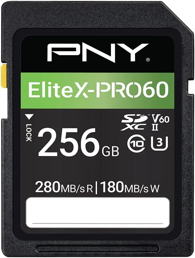 PNY 256GB EliteX-PRO60 UHS-II SDXC Memory Card - R280MB/s W180MB/s, U3, V60, 4K UHD, Full HD, UHS-II for Professional Photographers & Content Creators, DSLR Mirrorless Cameras, Advanced Video Cameras