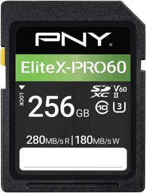 PNY 256GB EliteX-PRO60 UHS-II SDXC Memory Card - R280MB/s W180MB/s, U3, V60, 4K UHD, Full HD, UHS-II for Professional Photographers & Content Creators, DSLR Mirrorless Cameras, Advanced Video Cameras